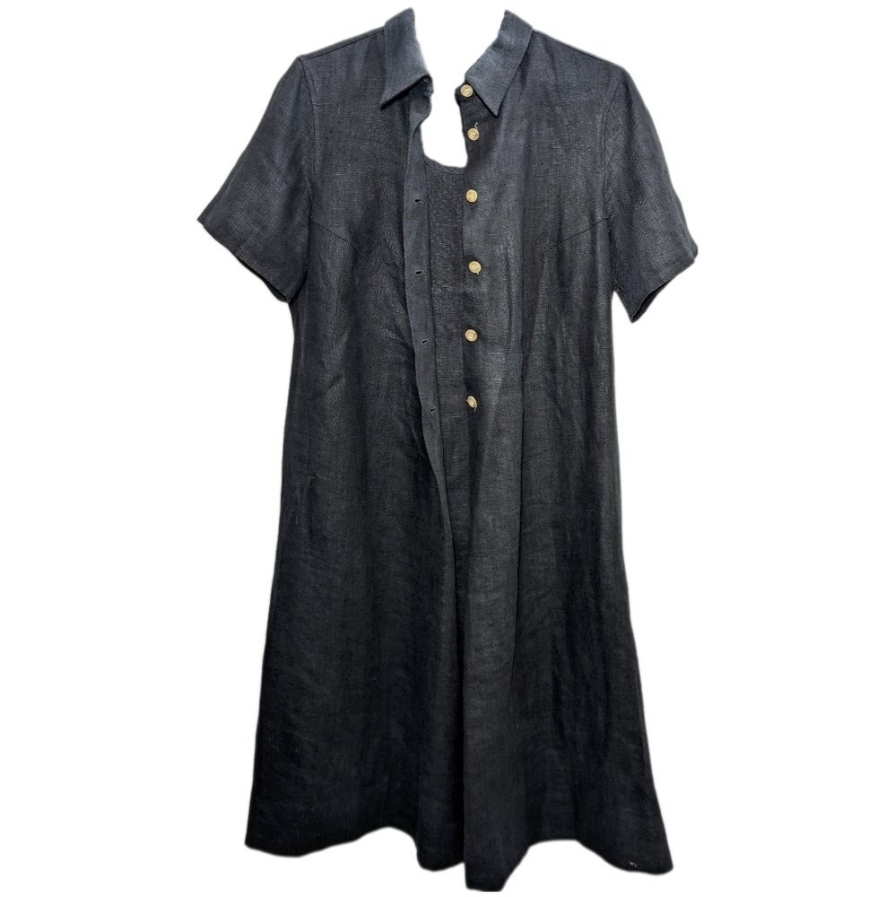Harvé Bernard Black Faux Button Down Linen Midi Dress - 14W